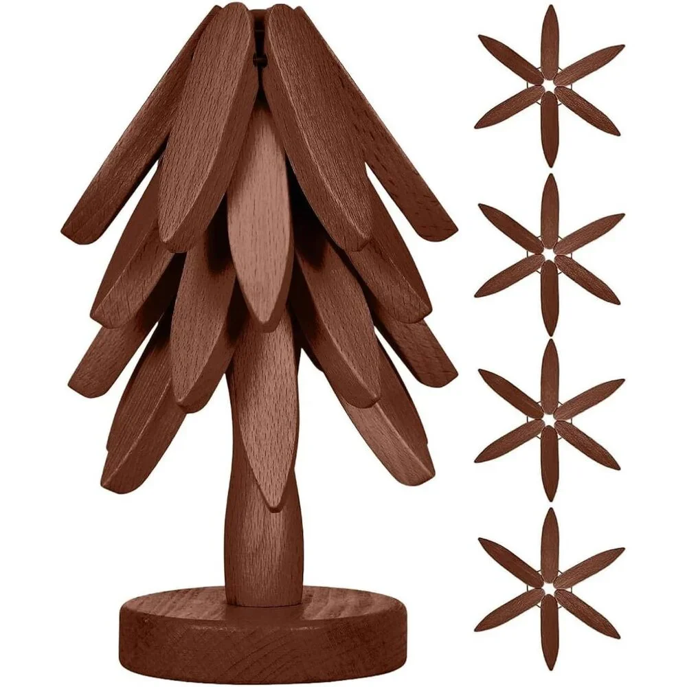 Wooden Cup Coaster Set,Tree Shape Trivet Set,Tree Coasters- 4 Wooden Trivets + 1